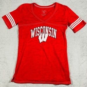 Blue 84 Wisconsin Badgers T-Shirt Women Large Red Burnout V-Neck Jersey Style